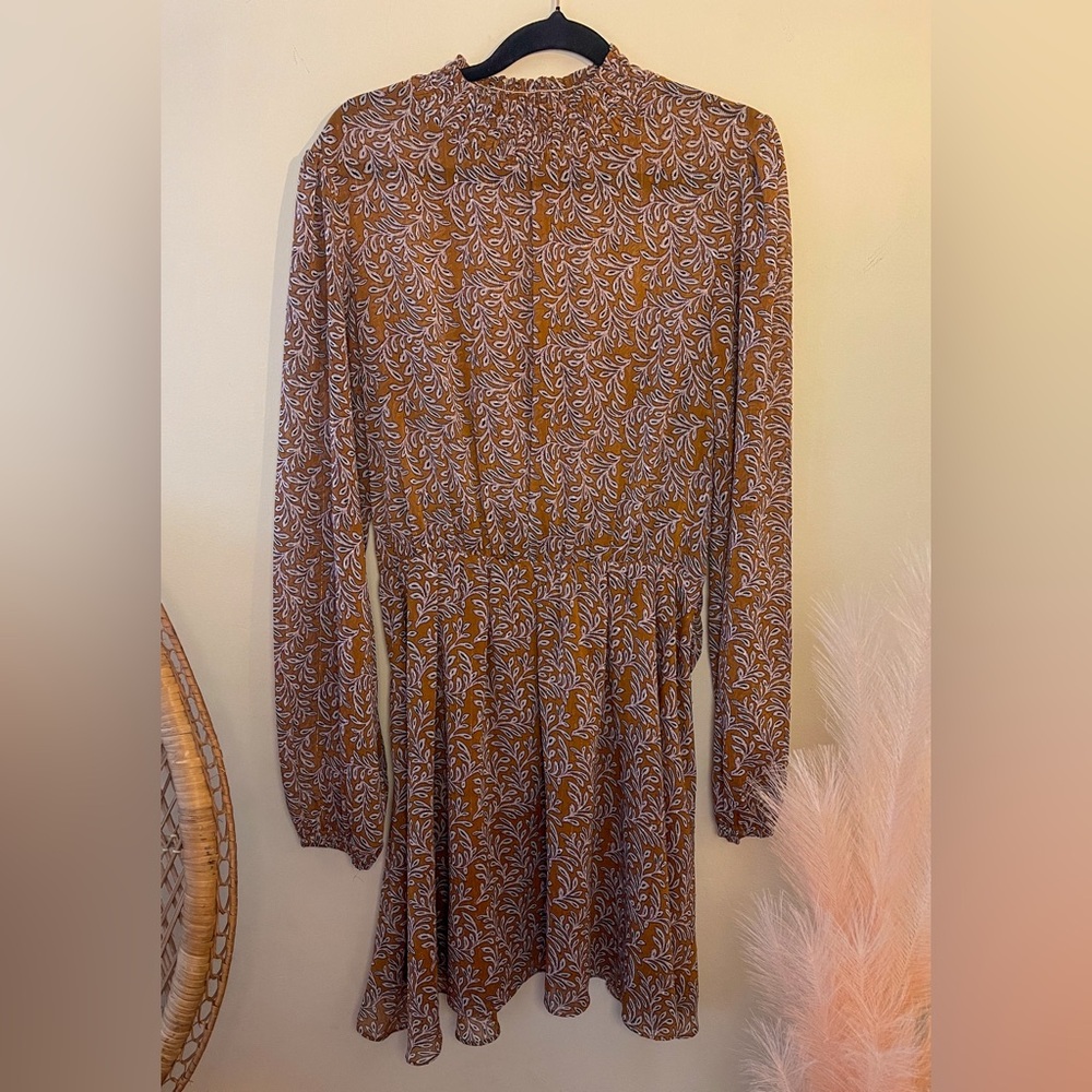 MINKPINK Mustard Leaf Print Smocked Dress - Size Large